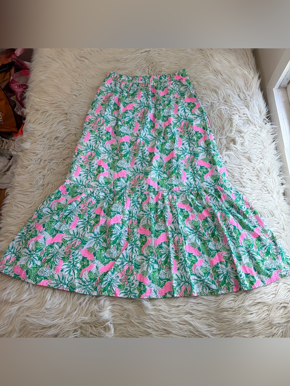 Lilly Pulitzer Kasida Ruffle Crab Maxi Skirt Green & Pink Cotton Women’s Size 6